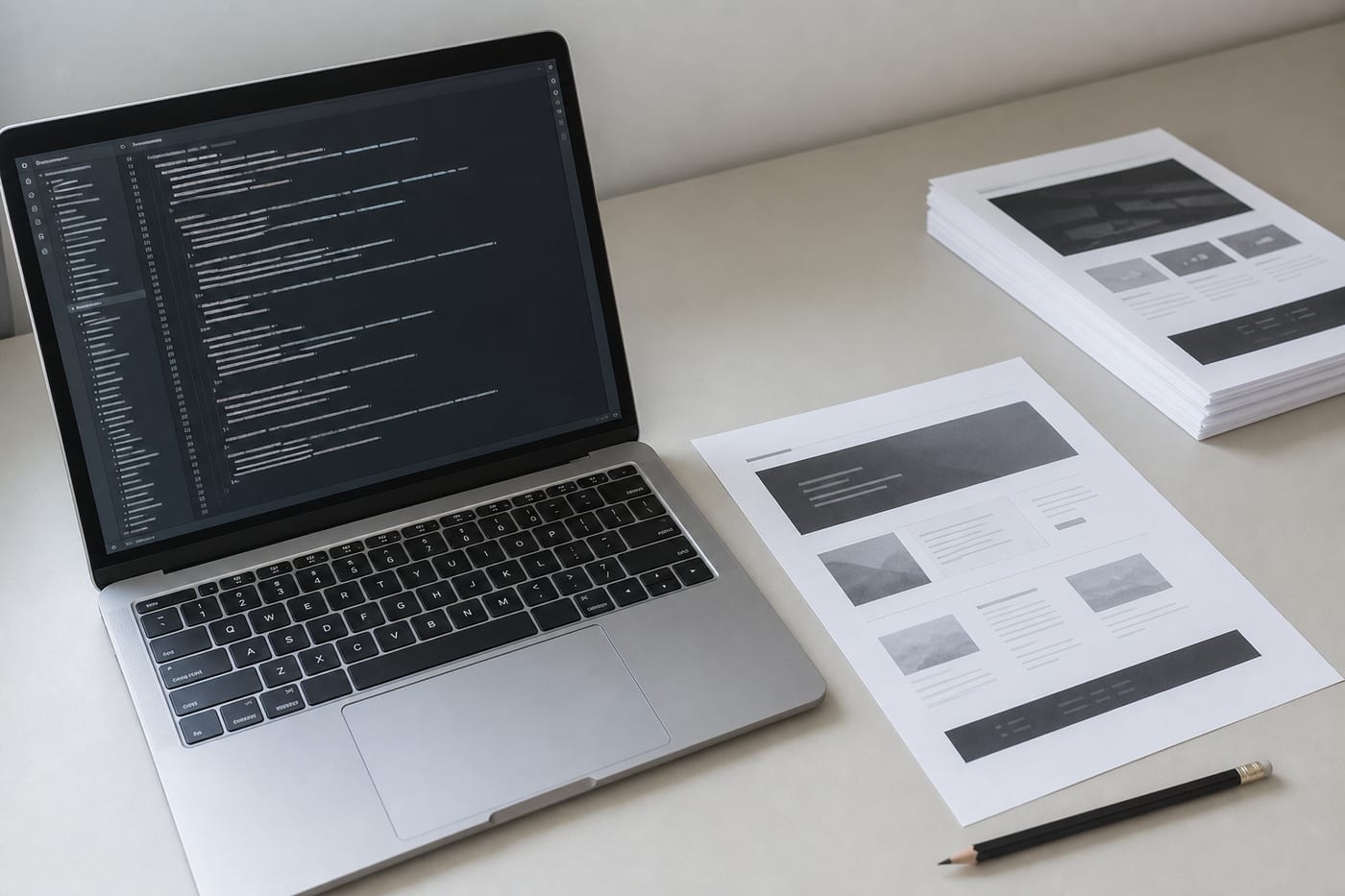 The build environment for a static site: a desk carrying a laptop showing a plain monochrome code editor, a printed page proof beside it, and a small stack of squared-up printed sheets