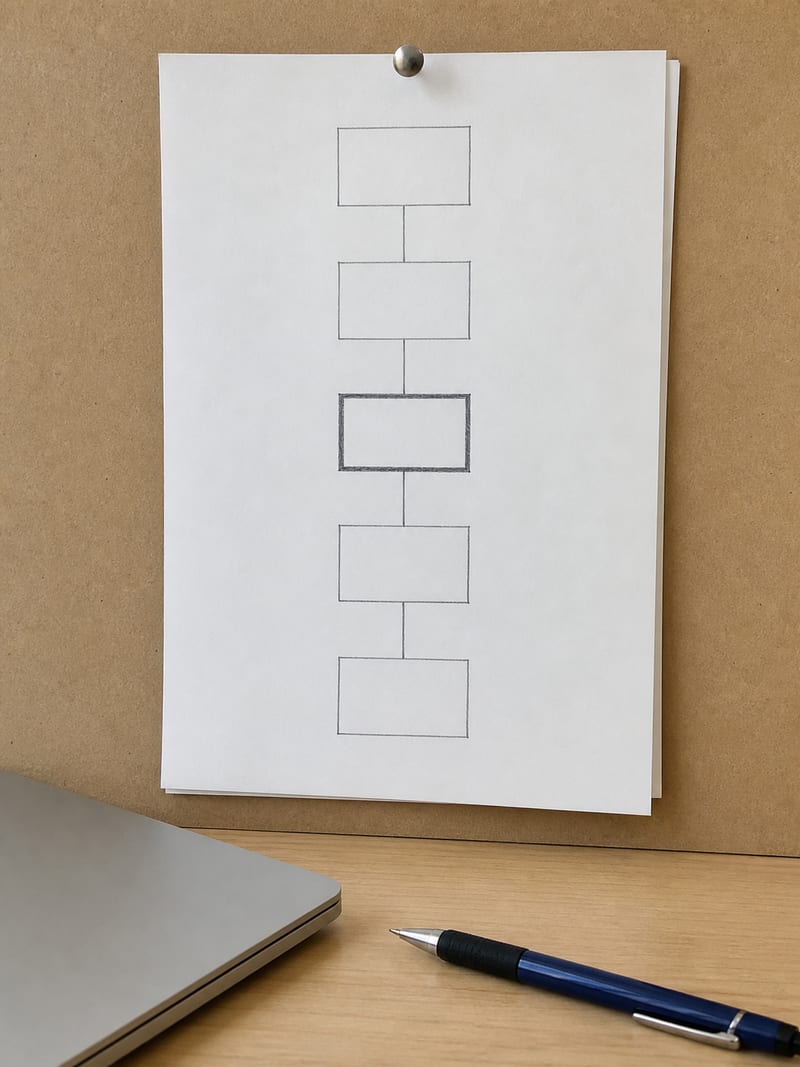 A tall hand-drawn workflow chart on paper pinned to a plain board, boxes connected top to bottom, one box outlined more heavily than the rest