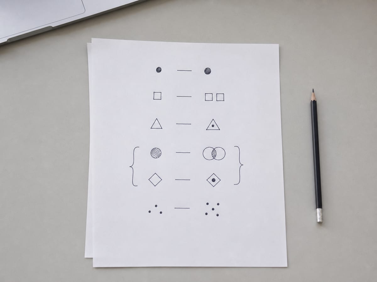 A single sheet of paper on a desk carrying one process written out as numbered steps in pen, with two steps bracketed together in the margin