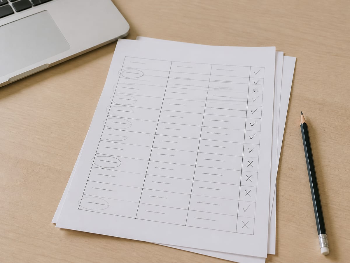 A printed sheet of test cases on a desk, a column of handwritten pass and fail marks down the right-hand side, several rows circled