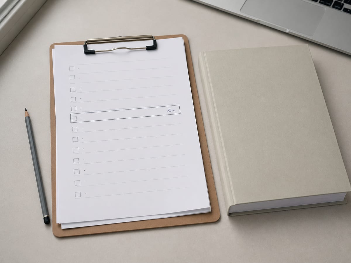 A printed checklist on a clipboard with one line boxed and initialled by hand, a plain bound document lying closed beside it