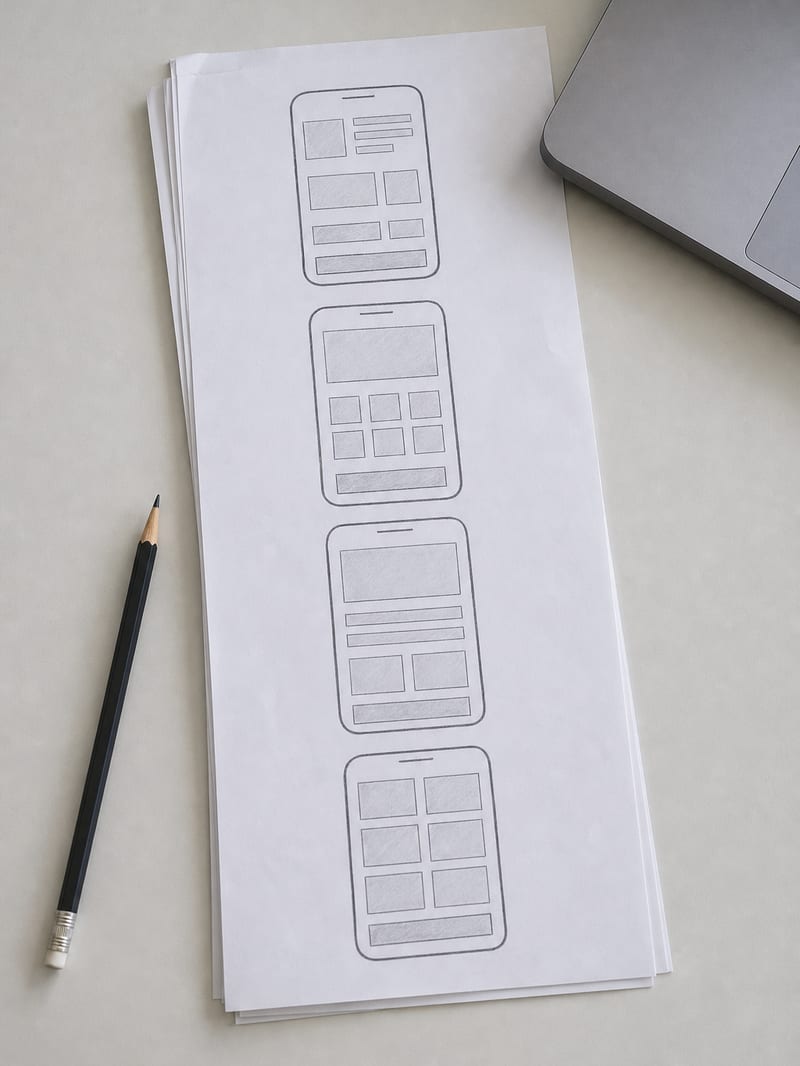 A tall column of hand-drawn phone screen sketches on paper, stacked vertically on a plain surface, each showing simple grey blocks