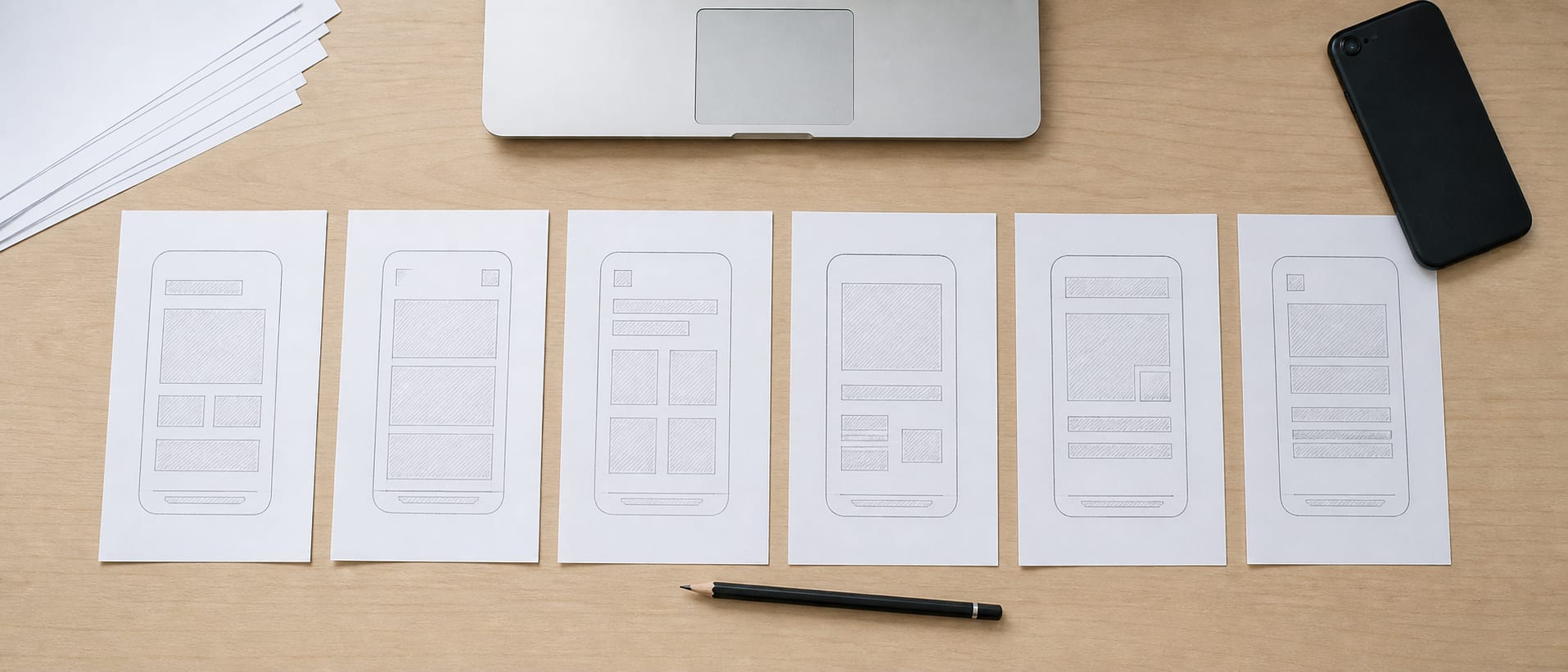 A wide desk with a row of hand-drawn phone screen sketches on paper, arranged left to right in sequence, a phone lying face down at one end