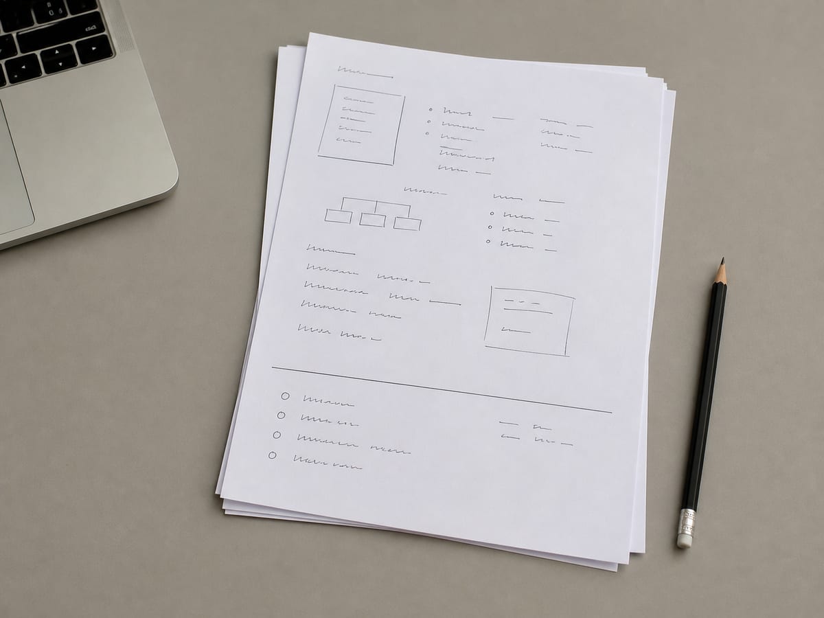 A printed scope document on a desk, a short list at the bottom headed by a hand-drawn line separating it from the rest