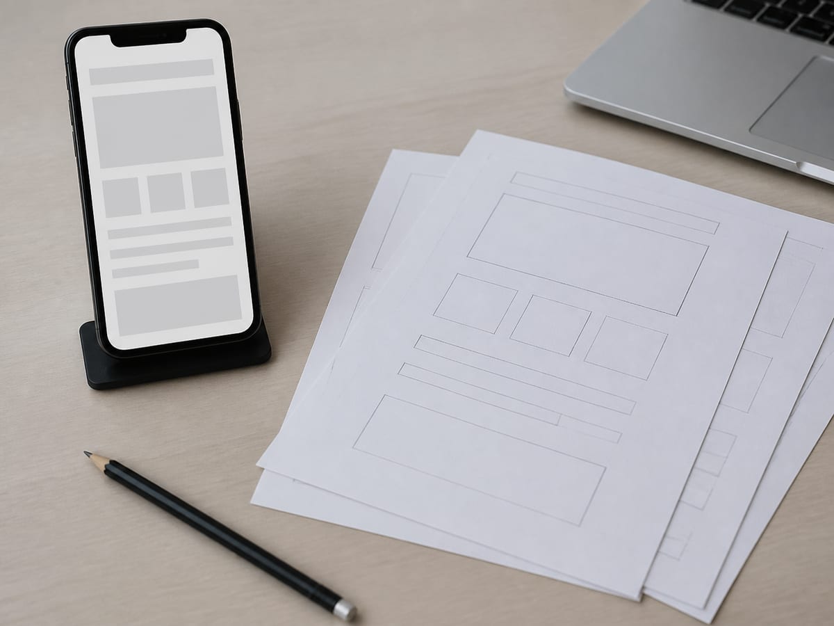 A phone held in a stand showing a plain grey wireframe screen, with paper sketches of the same screen lying beside it