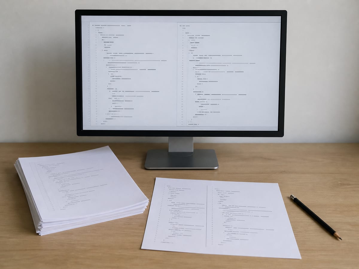 A monitor showing a plain side-by-side code comparison in monochrome, a printed sheet of the same lines on the desk in front