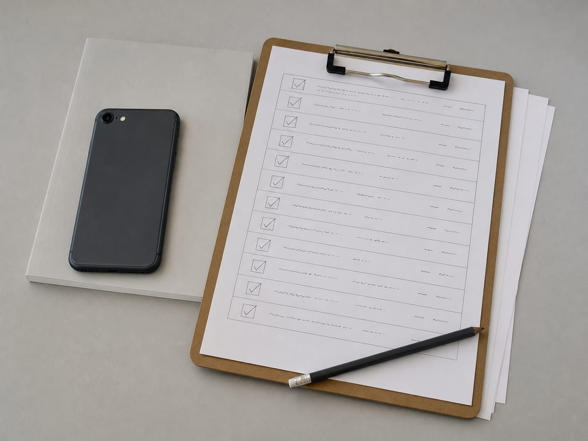 A printed release checklist on a clipboard with most lines ticked, a phone face down beside it and a plain bound document underneath