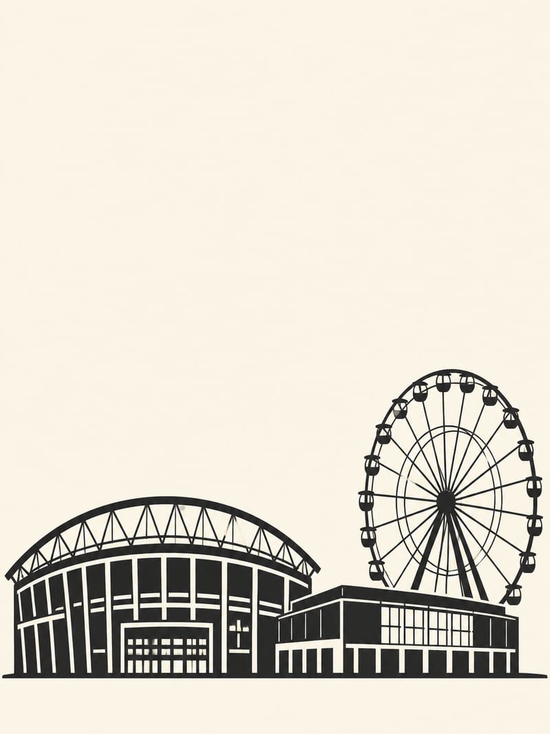 A tall portrait silhouette with the two stadium volumes anchored along the bottom edge, the arched roof clearly distinct from the flatter box beside it, and the spoked ferris wheel standing clear toward the upper right, top third open