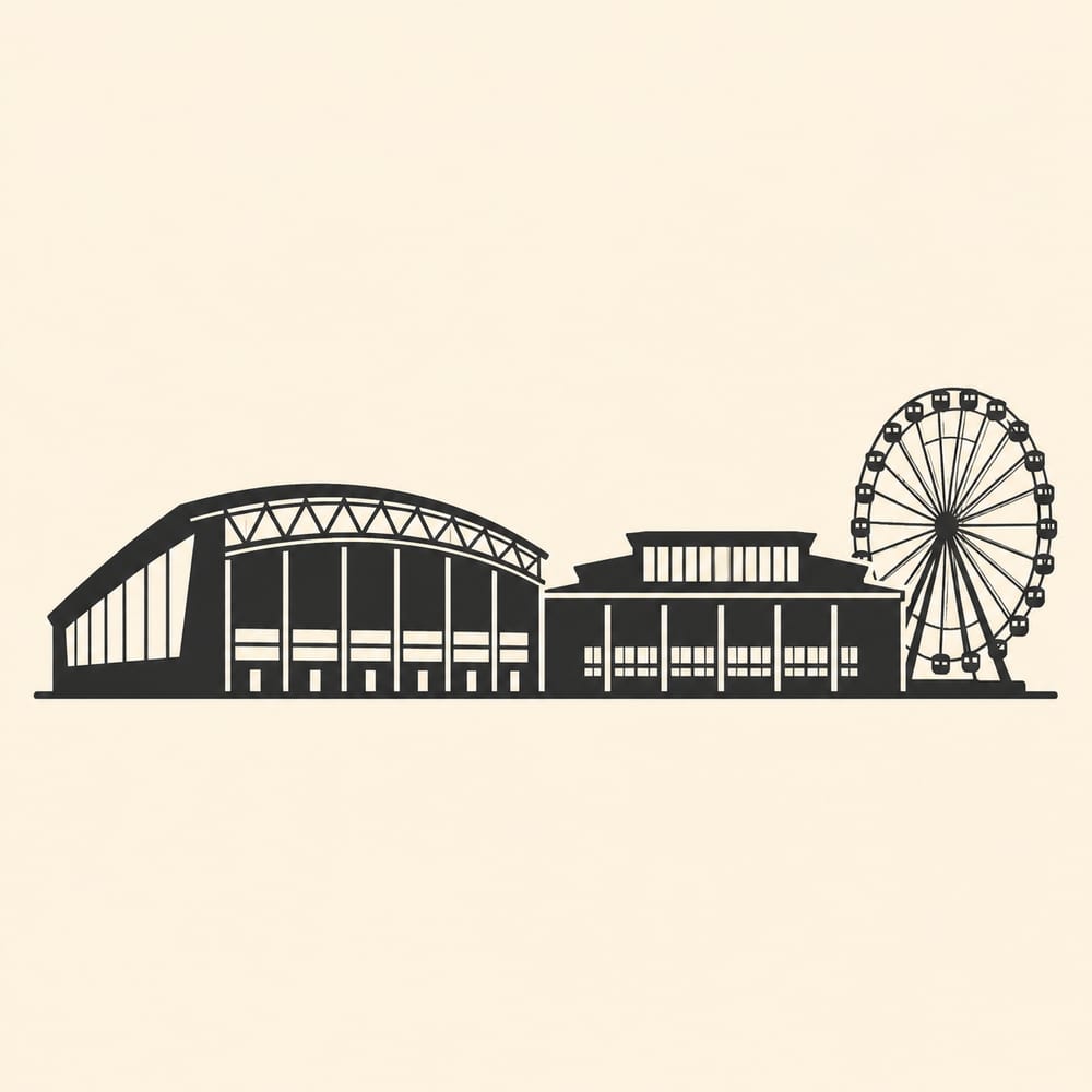 A flat two-colour illustrated silhouette of two very large stadium volumes side by side, one with a shallow arched roof and a big sloped end wall, the other a flatter rectangular box with a raised roof section, and a tall ferris wheel with visible spokes standing to one side, all sitting on a single flat ground line