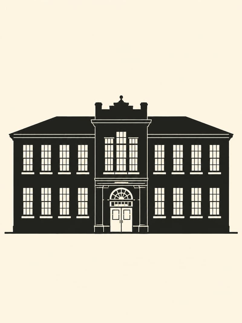 Drawn silhouette: The same two-storey brick schoolhouse silhouette, composed for a tall portrait frame with the building sitting across the lower half and its central entrance bay carrying the height
