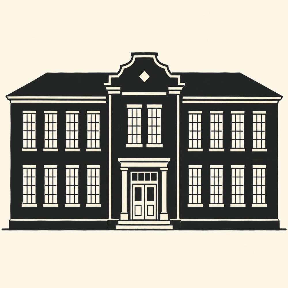 Drawn silhouette: A symmetrical two-storey brick schoolhouse of about 1915, a low-pitched roof, a central entrance bay stepping slightly forward and slightly above the roofline, and a regular rhythm of tall rectangular windows in two rows across both wings, standing on a single flat ground line