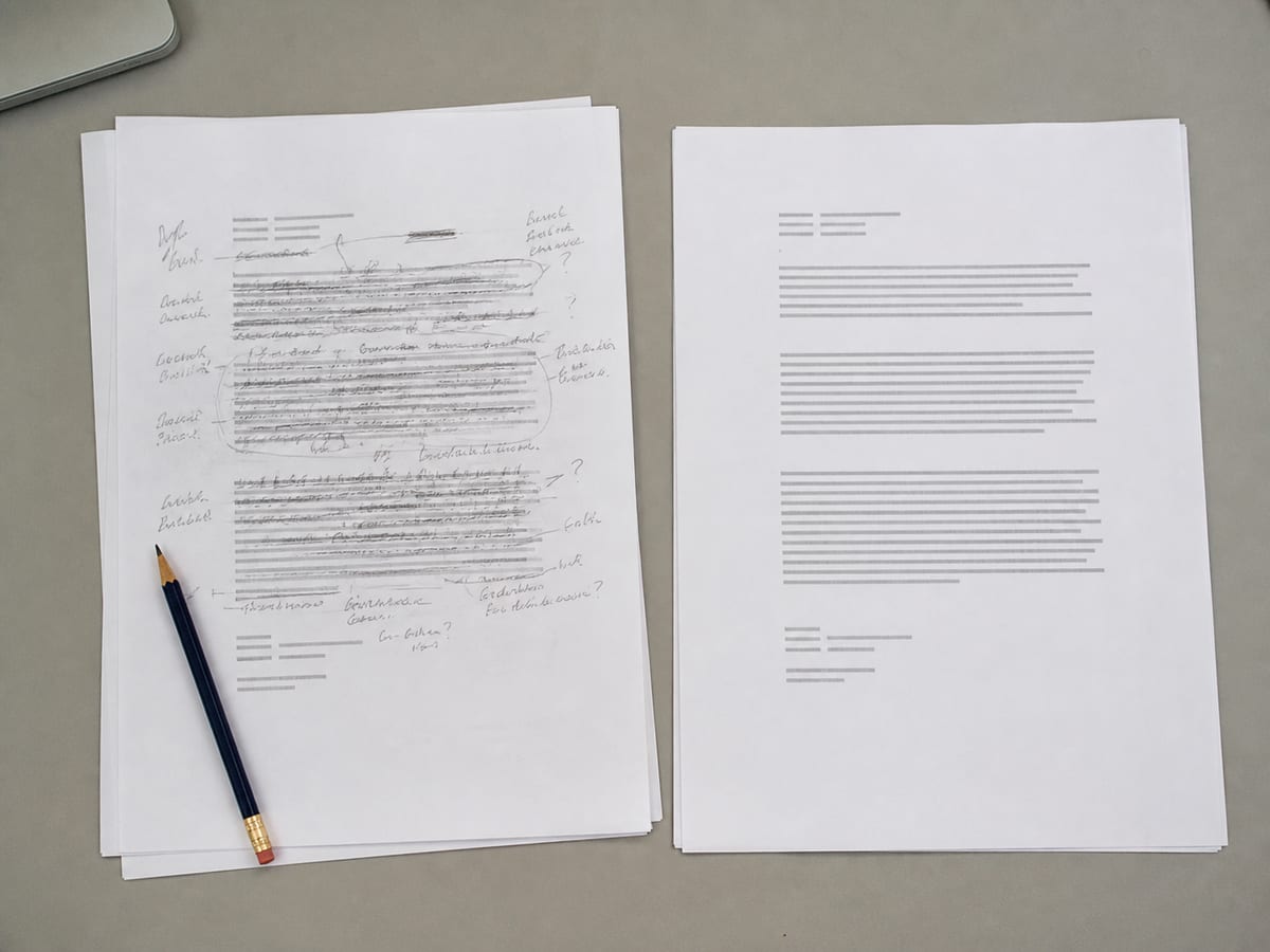 Two printed drafts of the same paragraph side by side, one heavily marked in pencil, the other clean