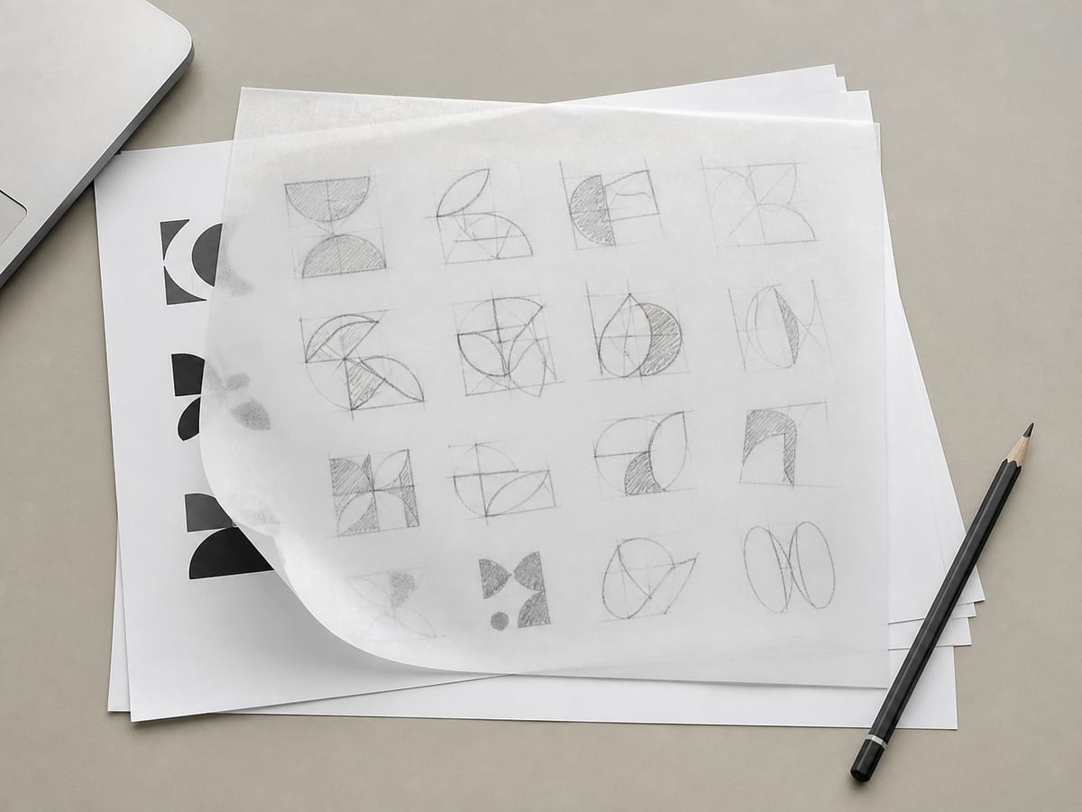Pencil letterform sketches on tracing paper laid over a printed wordmark, the tracing sheet lifted slightly at one corner