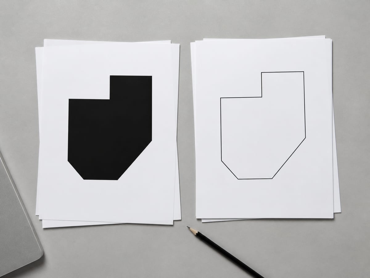 The same mark printed twice in pure black on white, one solid and one outline, sitting side by side on a plain surface with no colour anywhere in frame