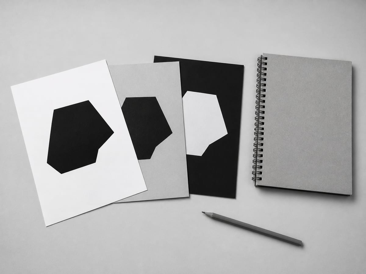 Three printed sheets fanned out, each showing the same mark rendered for a different background, beside a printed spiral-bound document lying closed