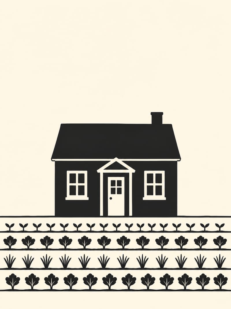 Drawn silhouette: The same homestead cottage silhouette, composed for a tall portrait frame, the cottage small and centred with the cultivated garden rows running across the width beneath it