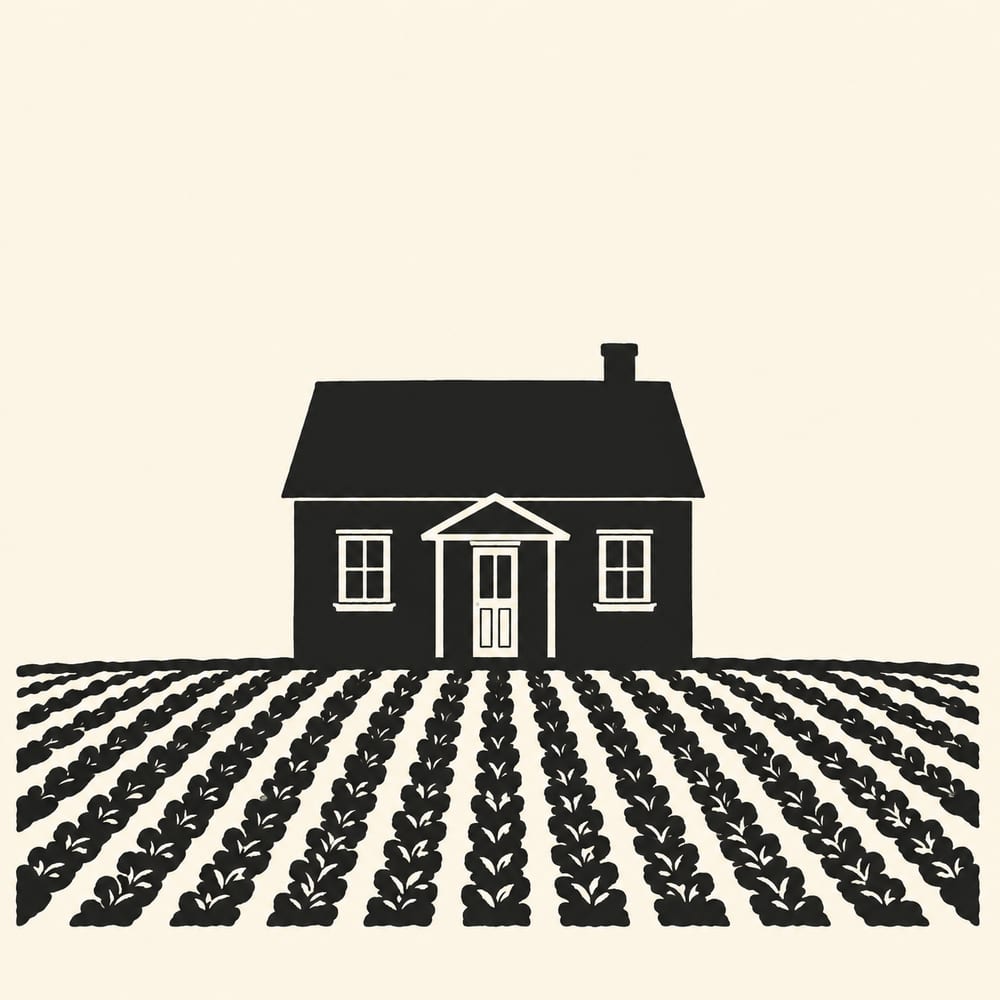 Drawn silhouette: A small four-room homestead cottage of 1934, a simple gabled roof, a plain covered stoop over the front door, a single chimney, and a wide low run of cultivated garden rows extending to both sides across the foreground on a single flat ground line, the plot clearly much larger than the house