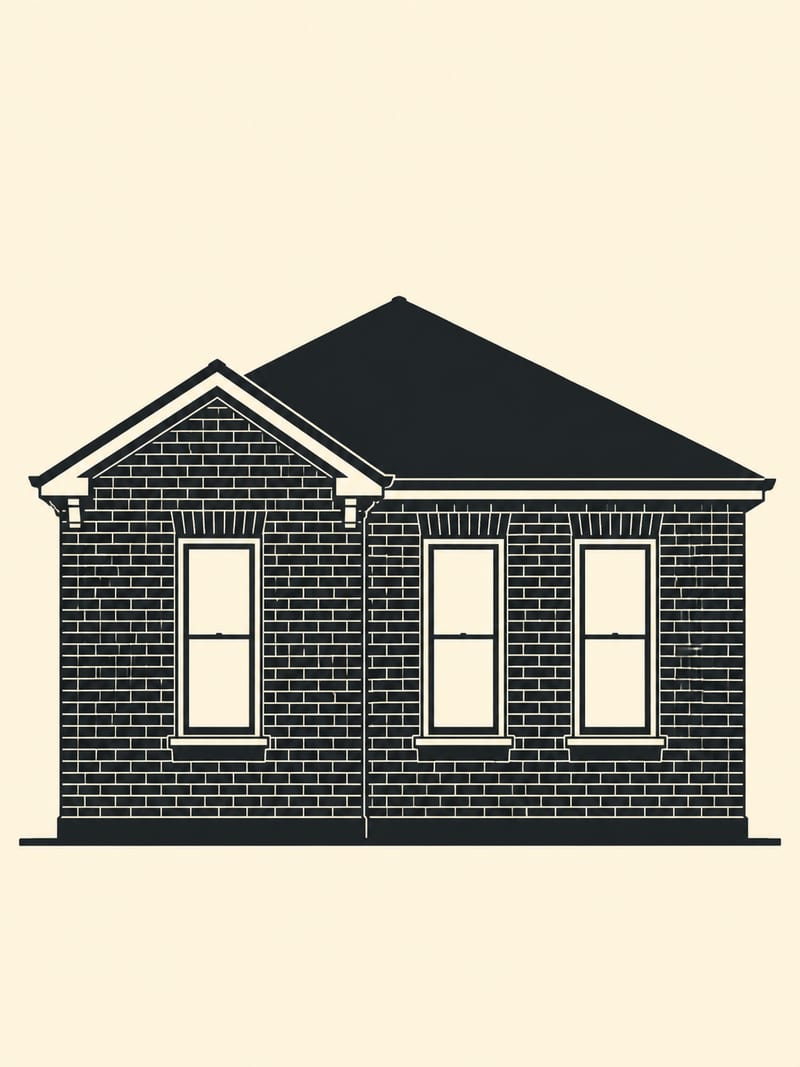 Drawn silhouette: The same brick house silhouette, composed for a tall portrait frame, the hipped roof and the projecting forward gable giving the upper shape and the brick coursing reading across the width