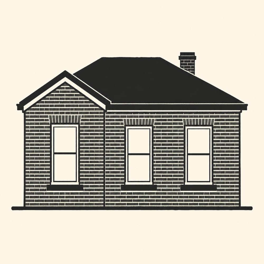 Drawn silhouette: A compact single-storey brick house of the late 1920s, a low hipped roof, a small projecting front room with its own gable facing forward, brick coursing cut as fine horizontal lines across the wall face, and three tall sash windows set in a regular row, standing on a single flat ground line