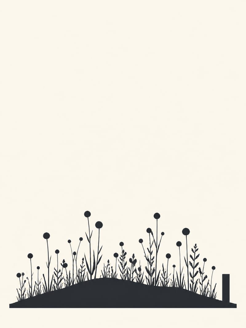 A tall portrait silhouette with the shallow rise spanning the base, wildflower stems breaking its outline unevenly, the marker post standing at one end, upper two thirds bare