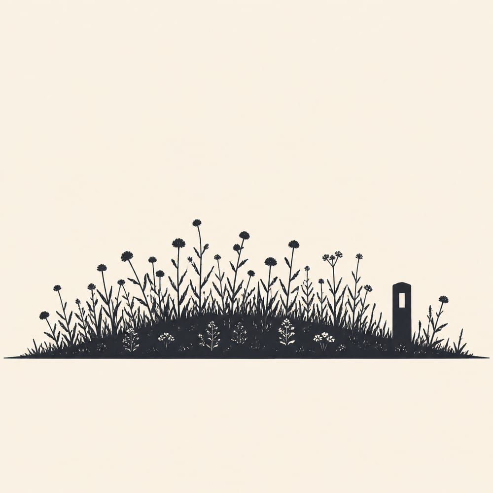 A flat two-colour illustrated silhouette of a LOW broad grassy rise, much wider than it is tall, carrying simple upright wildflower stems with small round heads across its surface, and a small rectangular marker post standing at one side, on a flat ground line