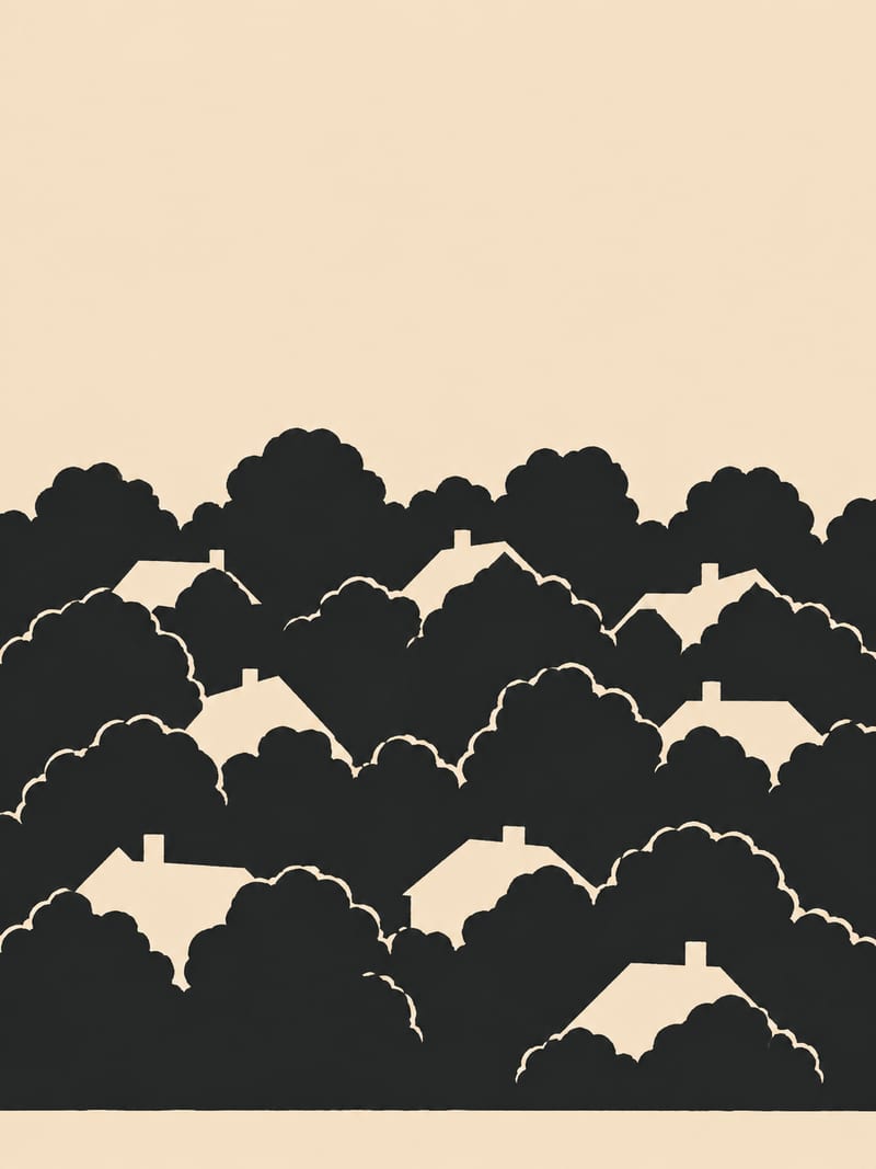 Drawn silhouette: The same wooded neighbourhood from above the treetops, composed for a tall portrait frame, the canopy mass banded across the lower two thirds with roof shapes emerging through it