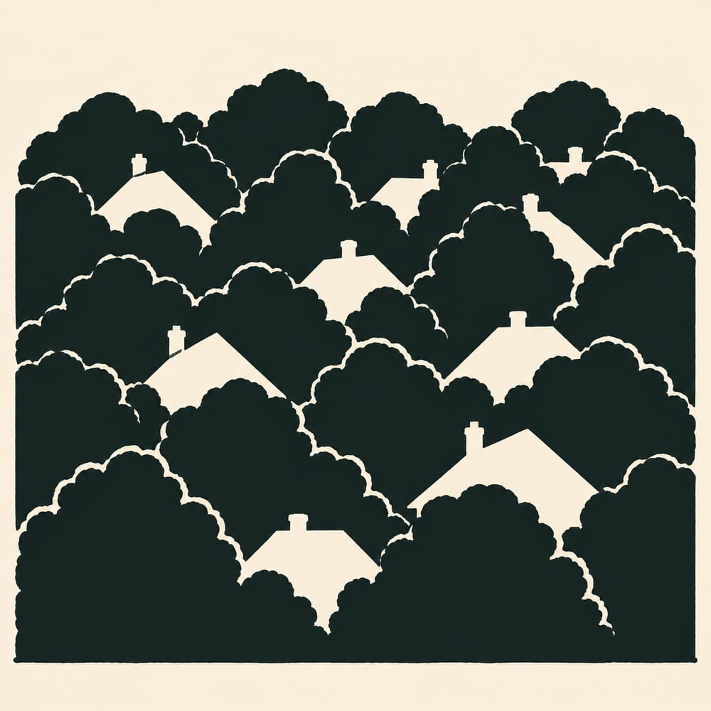 Drawn silhouette: A wooded neighbourhood seen from above the treetops, a deep continuous mass of rounded mature tree canopy filling most of the frame with the pitched rooflines and chimneys of houses emerging between and behind the crowns, the roofs cut out of the canopy mass in the ground colour so they read clearly against it