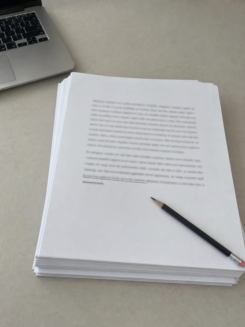 A tall column of printed answer transcripts stacked and squared, the top sheet showing a short paragraph with one line underlined