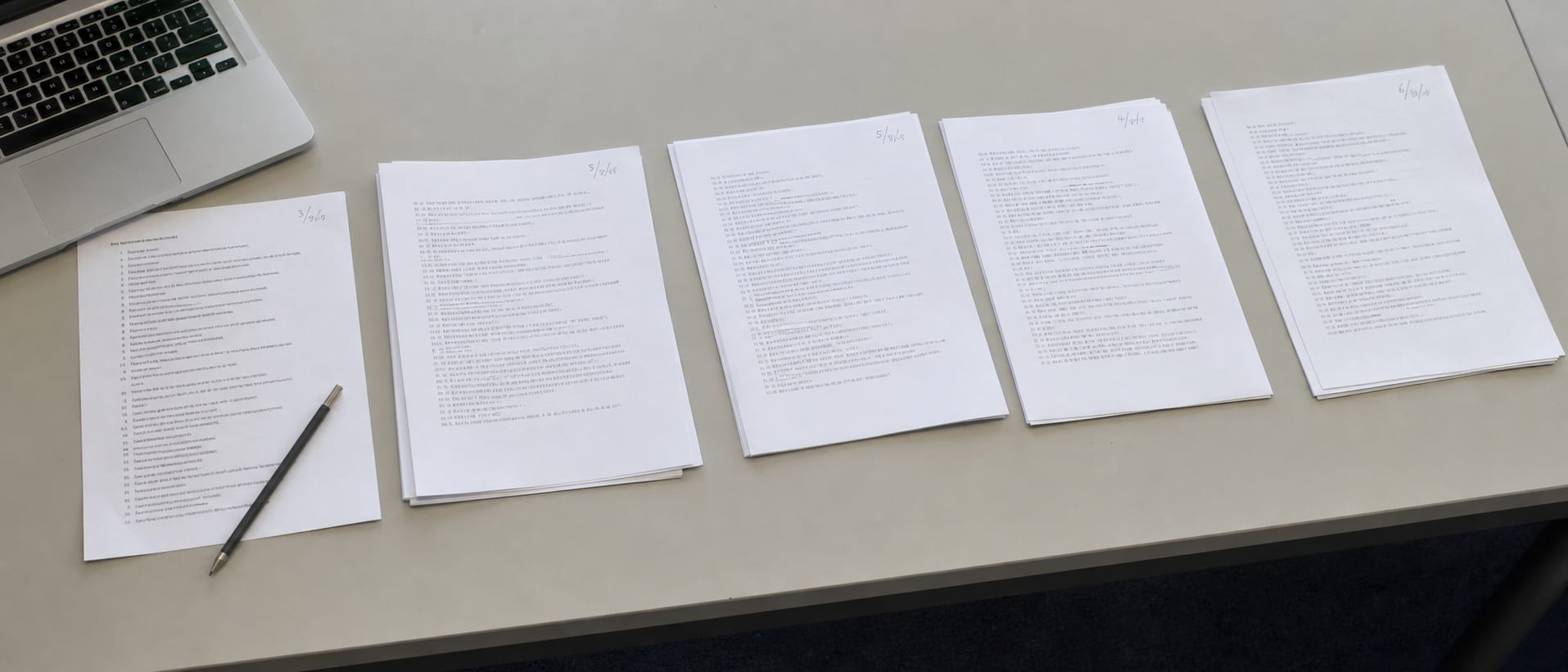 A wide desk carrying a printed question list and several printed answer transcripts laid in a row, each sheet dated in the top corner by hand