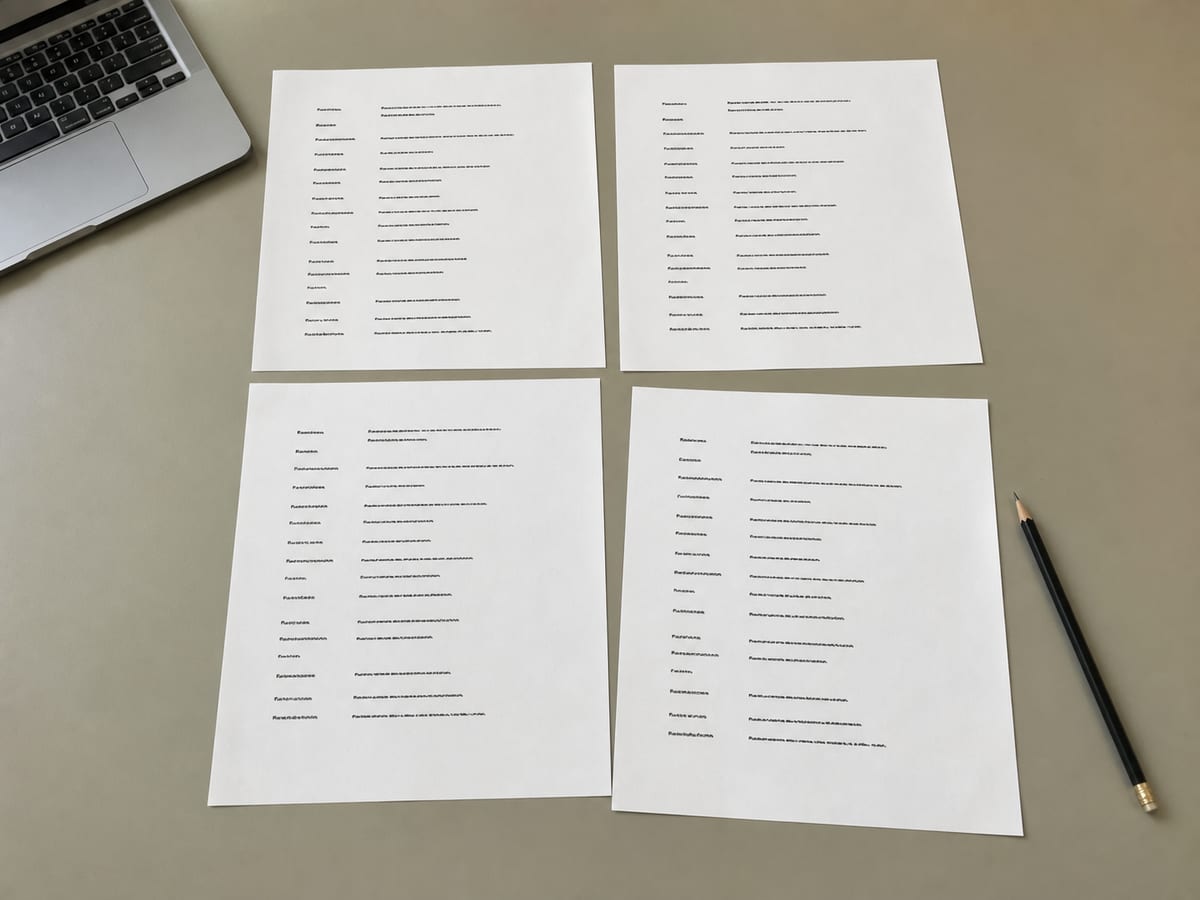 Four printed sheets laid in a grid, each showing the same short block of business details, with matching lines aligned across the sheets