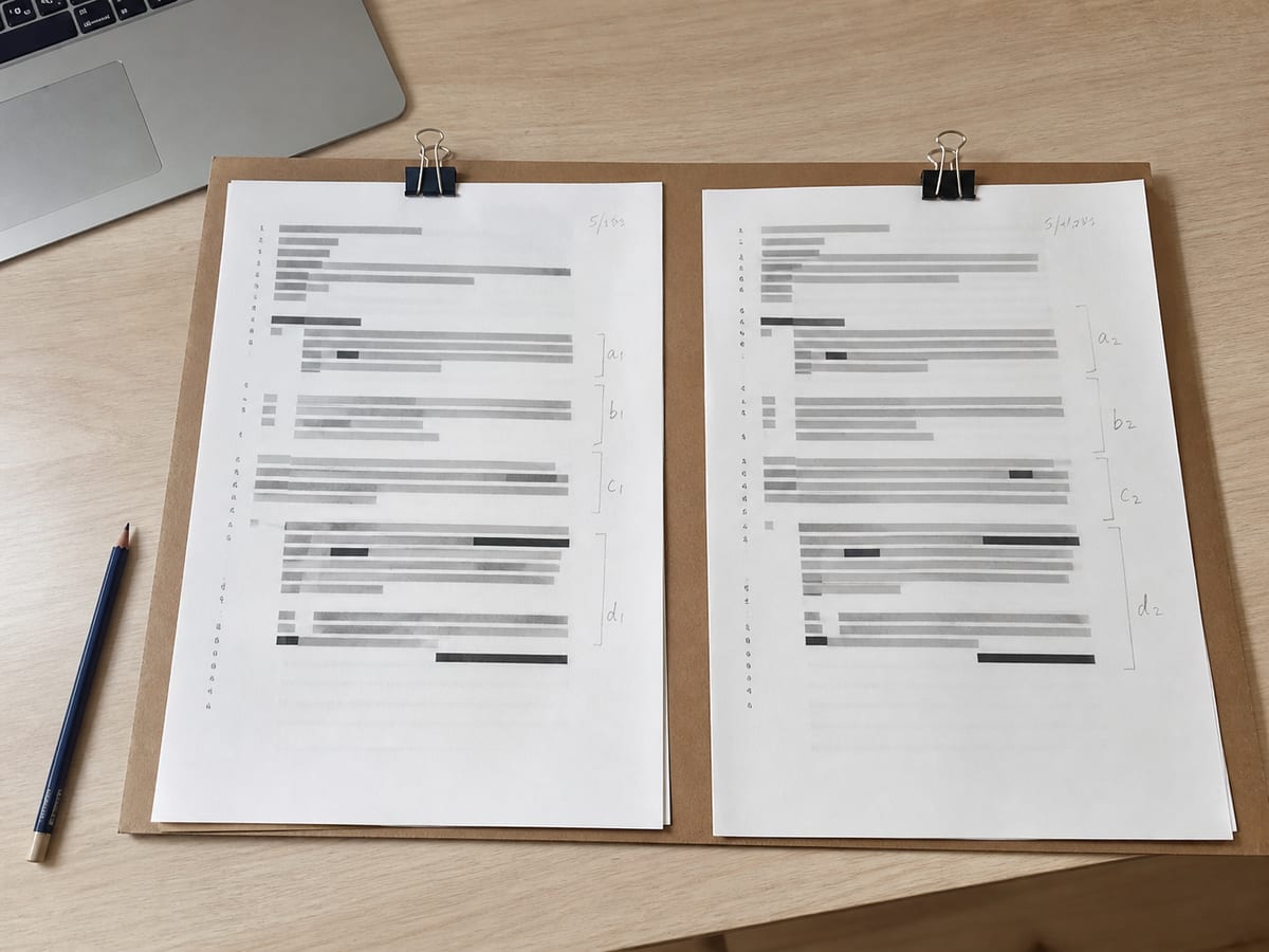 Two printed transcripts clipped side by side on a board, the second dated later than the first, differences marked in pencil down the margin