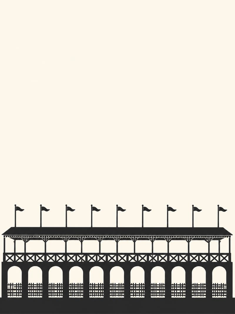 A tall portrait silhouette of the grandstand run edge to edge along the bottom, its repeated arched bays and flagpole row still legible at card size, upper half held blank