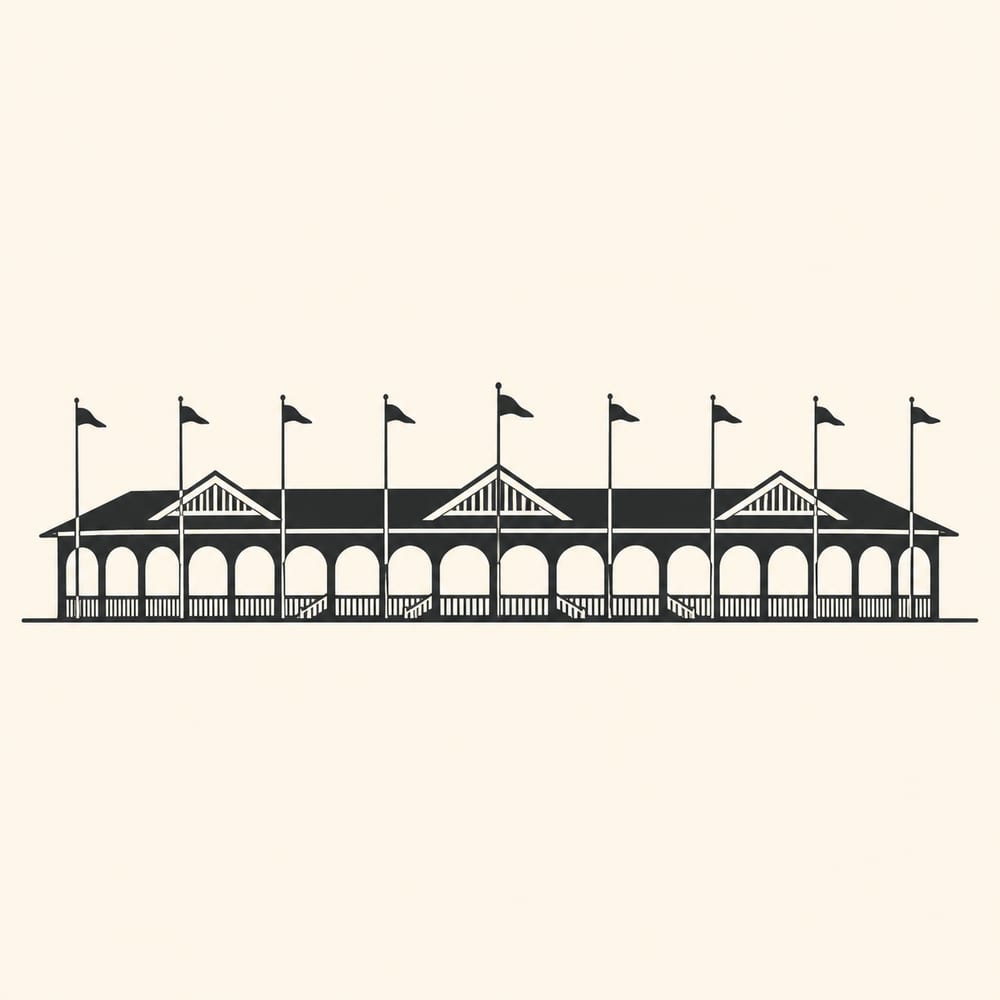 A flat two-colour illustrated silhouette of a long low racecourse grandstand, a shallow multi-gabled roof, a row of repeated round-topped arched bays cut through its face, and a line of slender flagpoles along the front, on a single flat ground line