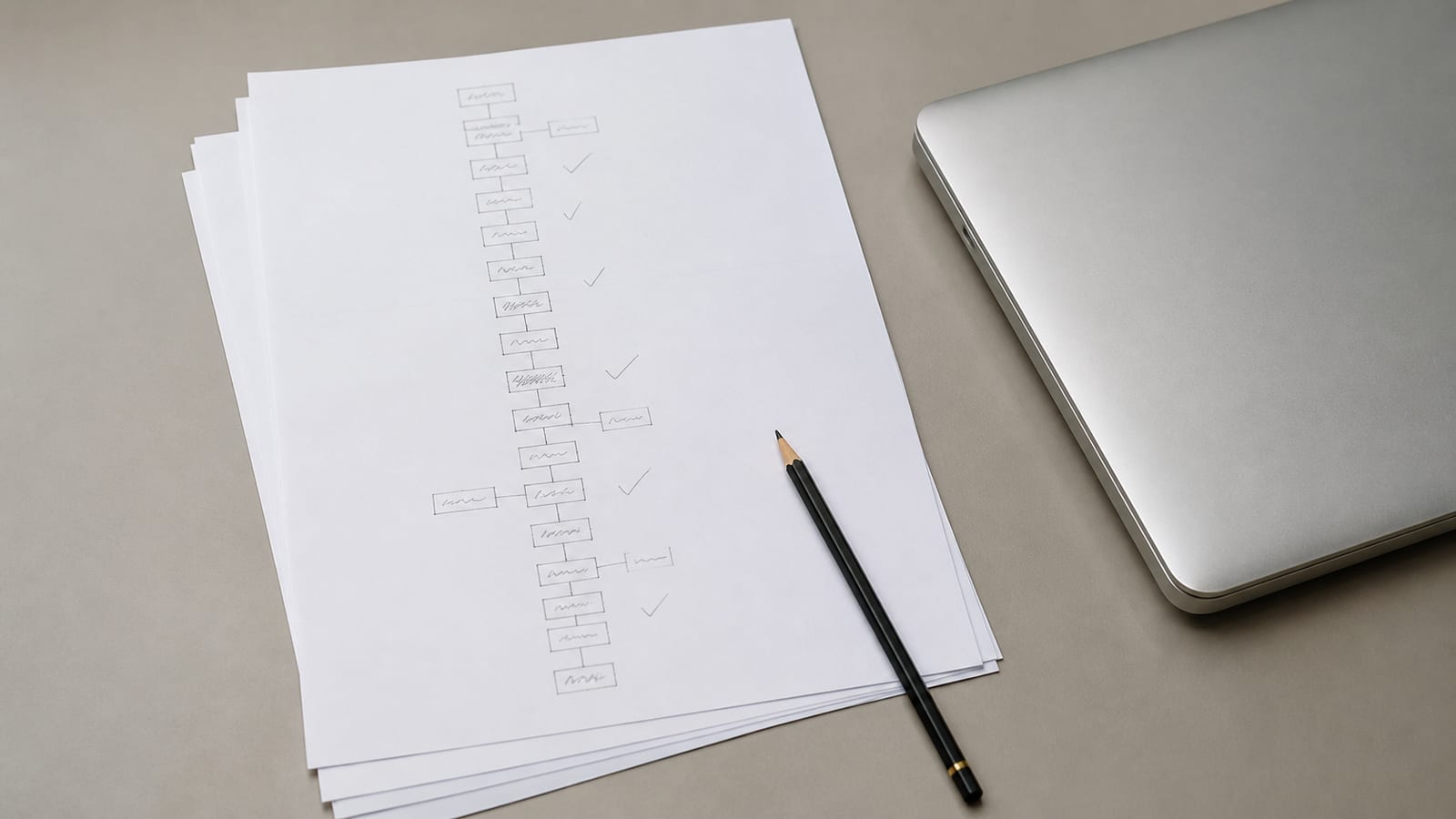 A desk with a printed sitemap sheet listing page addresses in a plain column, several rows ticked in pencil, and a closed laptop pushed to one side