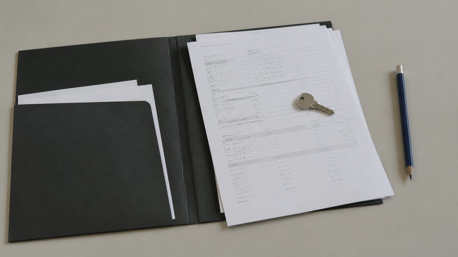 A plain document wallet lying open on a desk holding printed account and domain records, with a single small key resting on the top sheet
