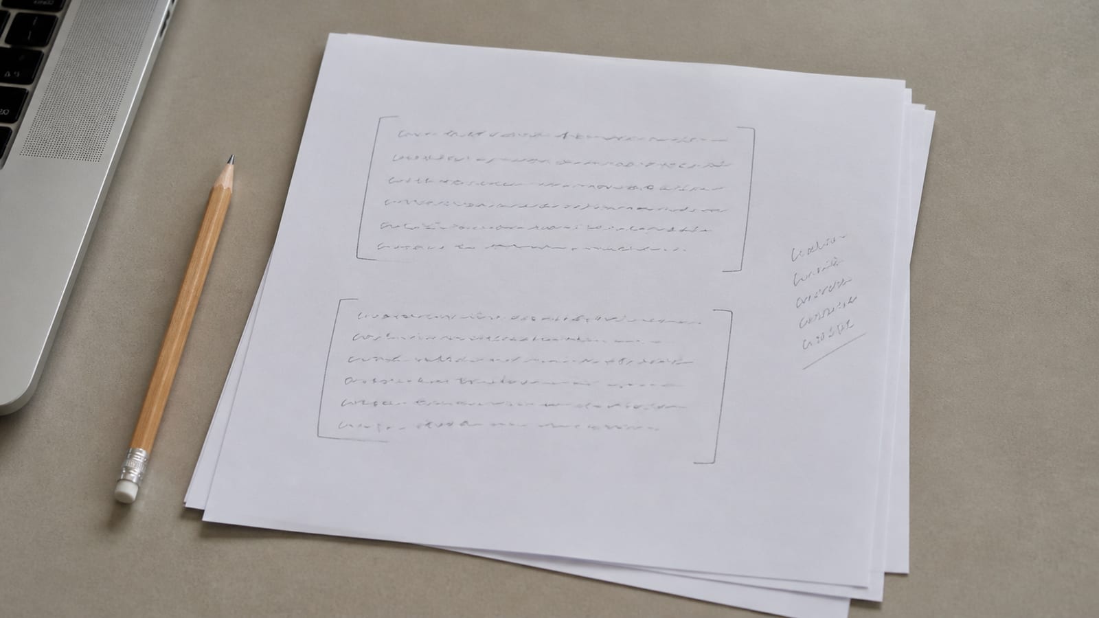 A printed plain-language summary sheet on a desk with two short paragraphs bracketed in pencil and a note written in the margin