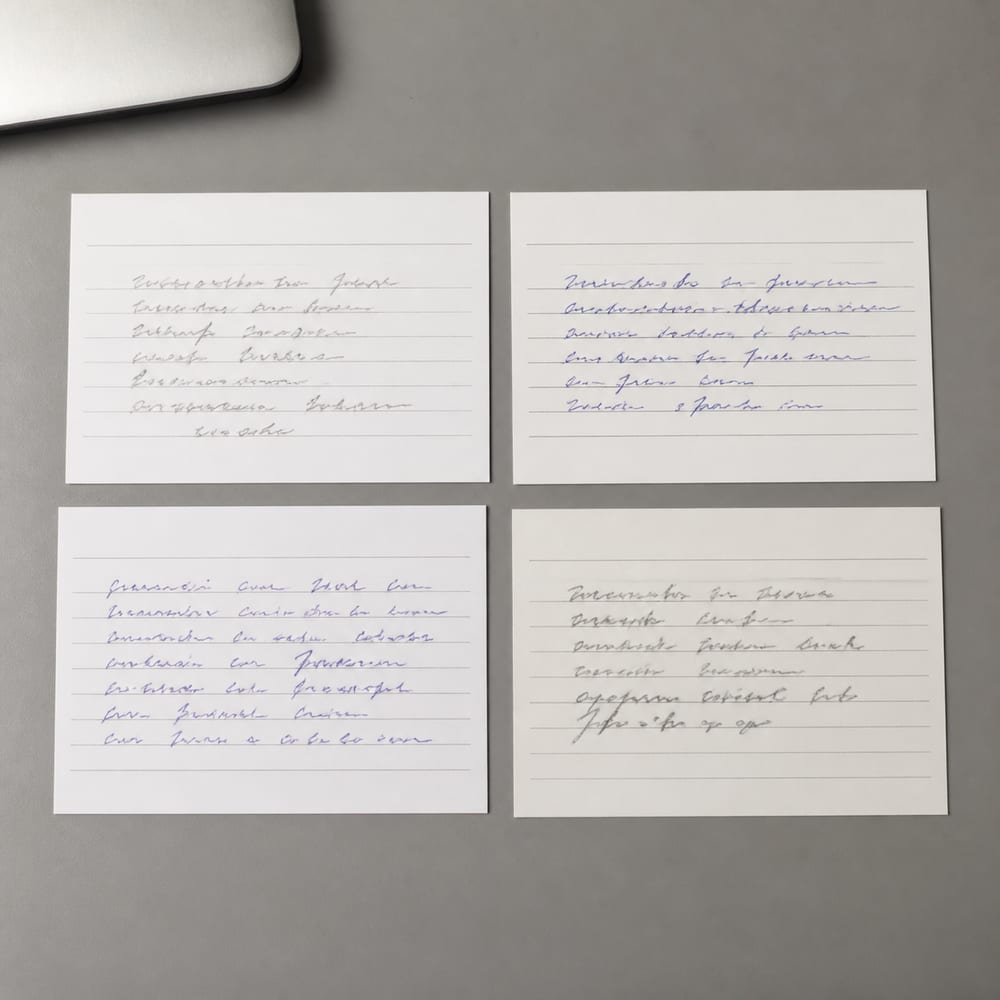 Four printed cards laid in a square grid on a plain surface, each carrying a short ruled block of text, shot straight down with even margins