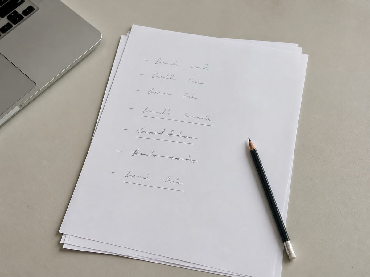 A sheet of paper on a desk carrying a short handwritten list of questions, with two of them underlined and one struck through
