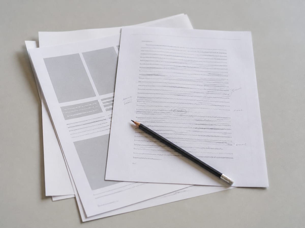 A printed page of body copy marked up in pencil lying beside a printed layout showing empty grey text blocks, the written sheet clearly on top