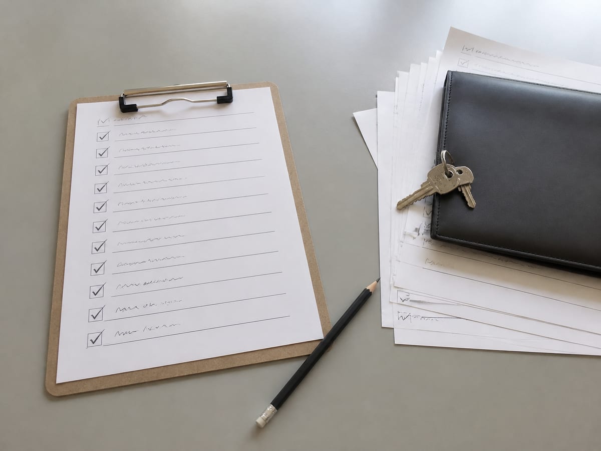 A printed handover checklist on a clipboard with every line ticked, a small set of keys and a plain document wallet beside it