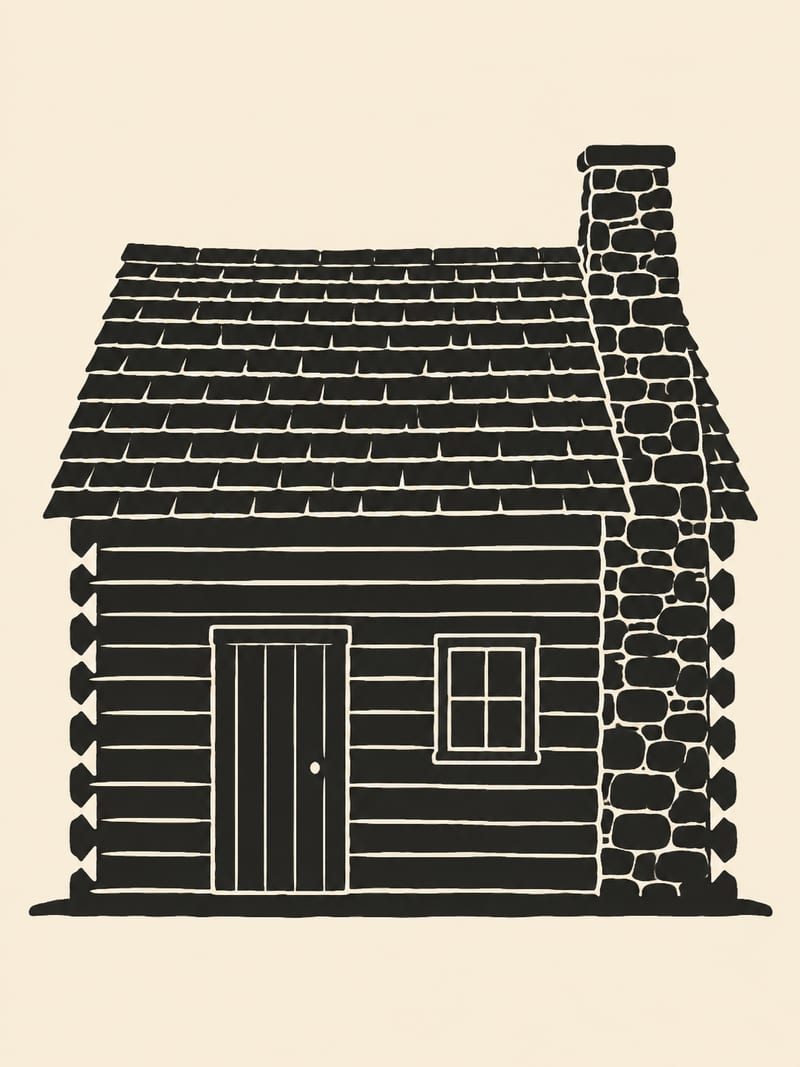 Drawn silhouette: The same log cabin silhouette, composed for a tall portrait frame, the notched log corners and the broad external stone chimney carrying the height