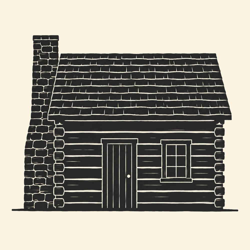 Drawn silhouette: A one-room 1840s pioneer log cabin, the stacked horizontal log courses cut out as fine lines with the notched log ends projecting past each corner, a steeply pitched roof of split shingles, and a broad external stone chimney rising the full height of one gable end, standing on a single flat ground line