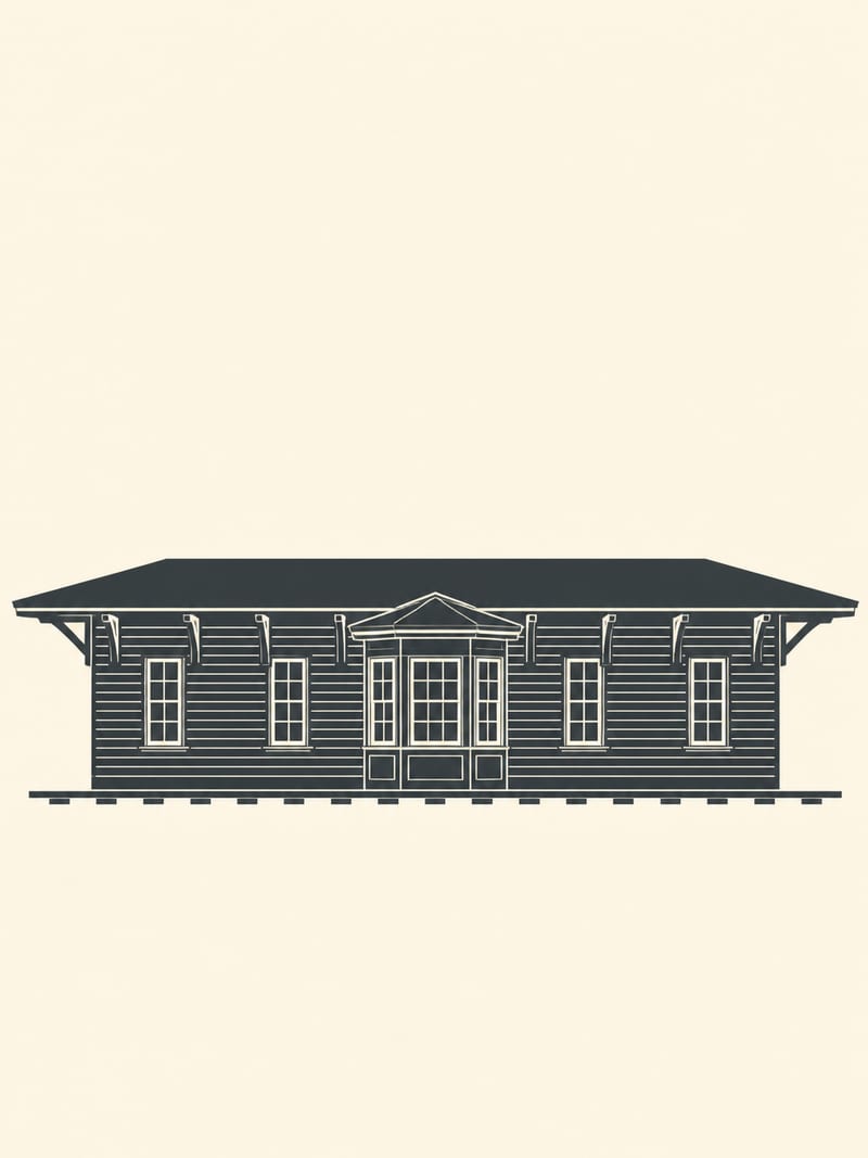 Drawn silhouette: The same railway depot silhouette, composed for a tall portrait frame, the depot running across the lower third with the projecting bay and the deep eave reading clearly