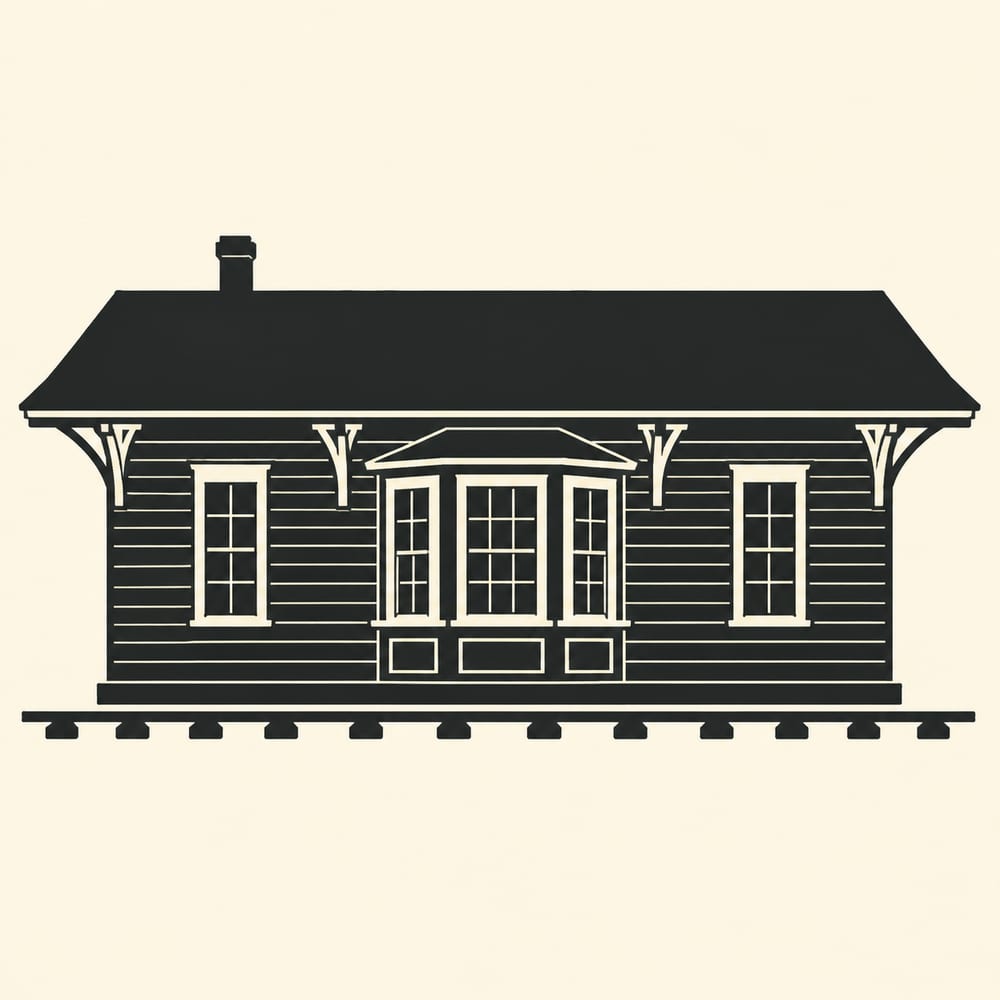 Drawn silhouette: A small nineteenth-century timber railway depot, a long low rectangular body, a wide overhanging eave carried on plain brackets running the full length, a bay window projecting from the centre of the track side, and a short run of rail sleepers along the ground line