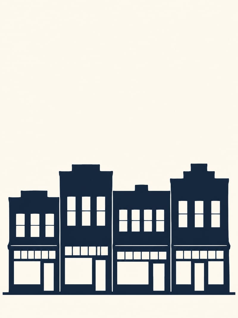 A tall portrait silhouette of the joined storefront row along the base, stepped parapets varying the roofline at different heights, window bands cut through the upper storey, sky area unfilled