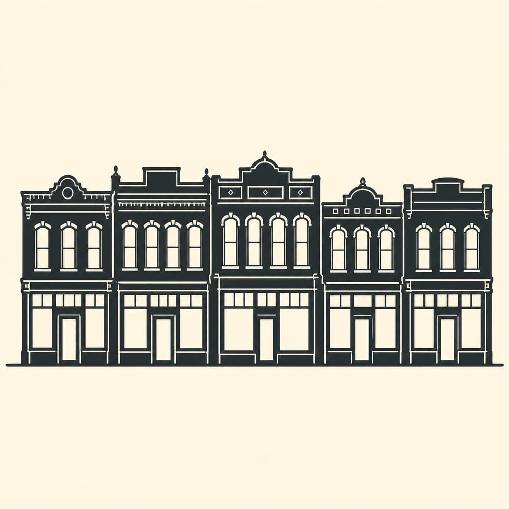A flat two-colour illustrated silhouette of a row of joined TWO-STOREY main street storefronts, each with a flat decorated parapet at a slightly different height, a band of tall upper-floor windows, and a recessed shopfront opening at street level, on a single flat ground line