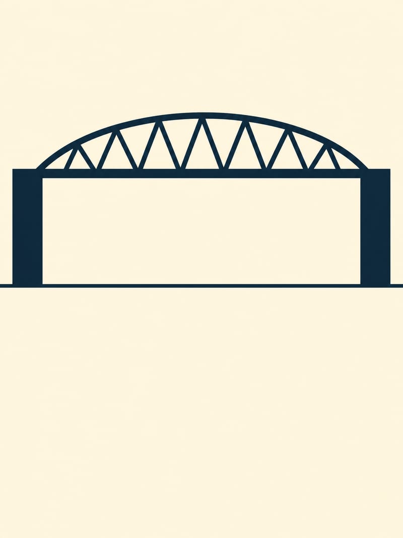 Drawn silhouette: The same steel truss arch, composed for a tall portrait frame, the two piers carrying the height and the arch spanning the full width of the frame across the upper third