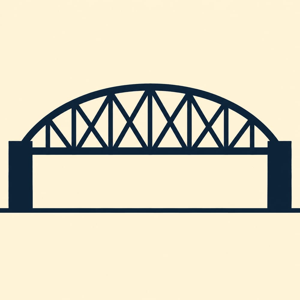 Drawn silhouette: A wide steel truss arch spanning a road, seen square on from the roadway, the arch a shallow curve carried on a solid upright pier at each side with the lattice of the truss cut out of the silhouette as open triangles, the road running out beneath it to a flat ground line