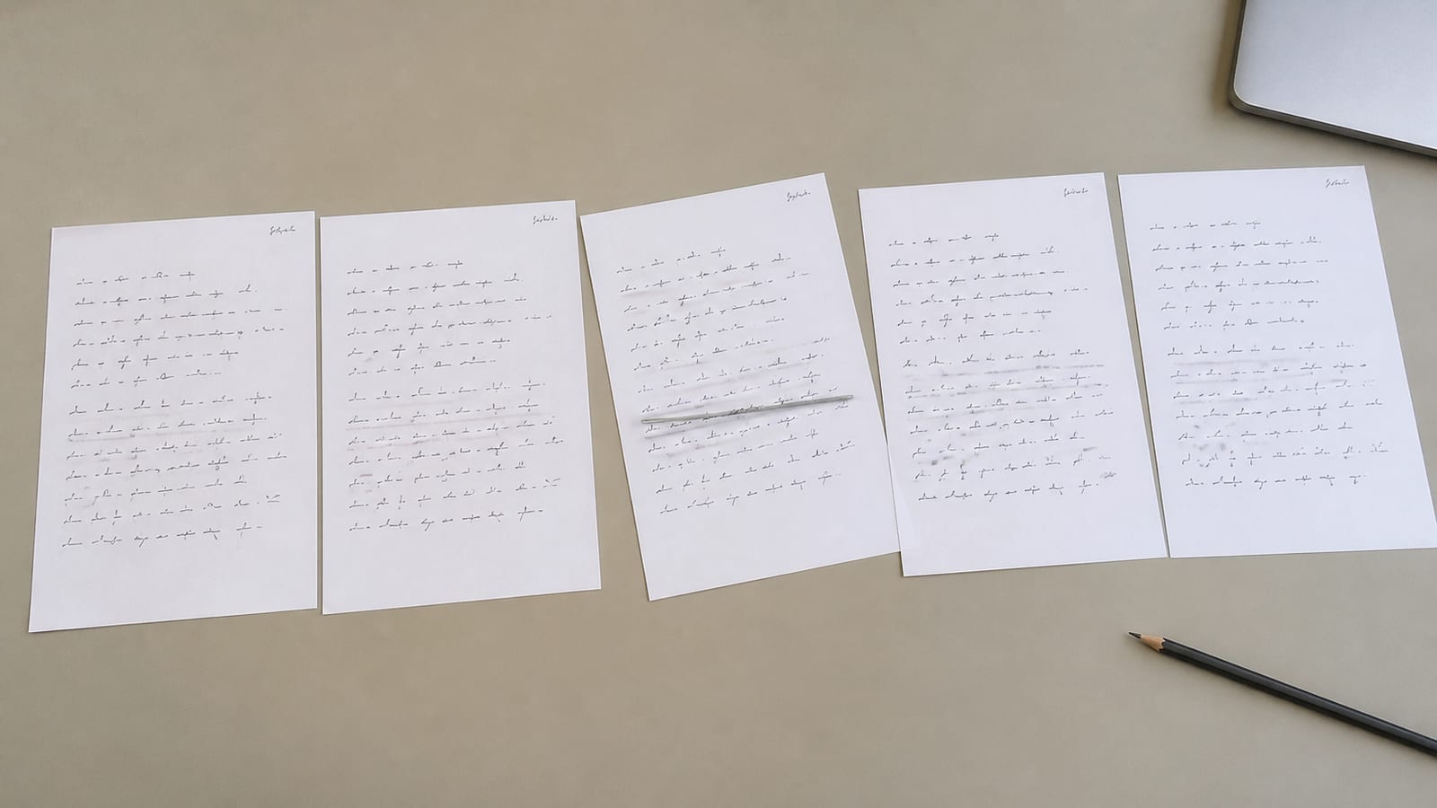 Several printed answer transcripts laid in a row across a desk, each dated by hand in the top corner, one with a single line underlined