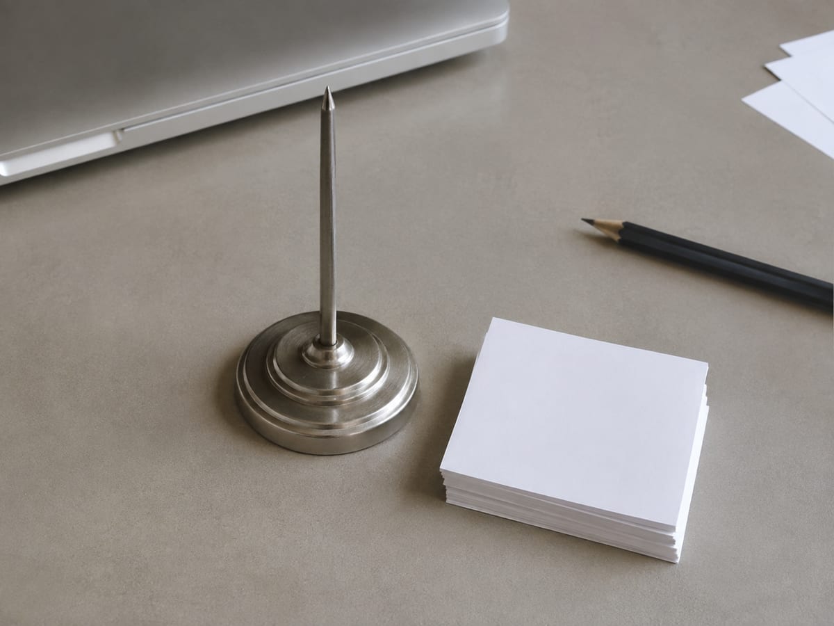 A laptop showing an internal task list of open quotes with owners and due dates, beside a paper invoice file box